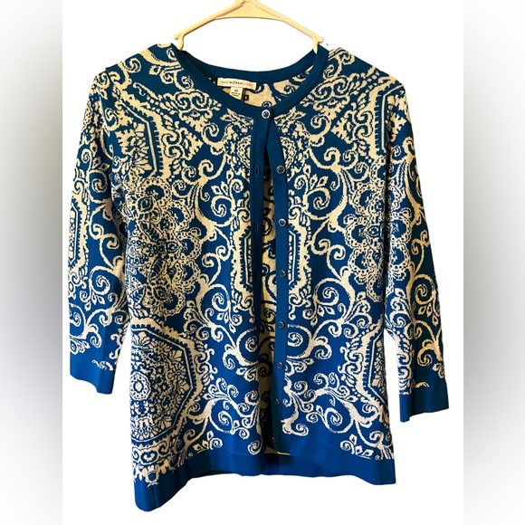 Isaac Mizrahi Live Blue White Button Front Cardigan Sweater - Picture 2 of 5